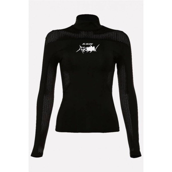 Black Printed Hollow Out High Neck Long Sleeve Sports T Shirt 
