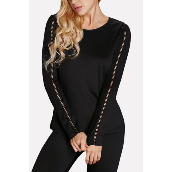 Black Hollow Out Long Sleeve Round Neck Yoga Sports Tee Top 
