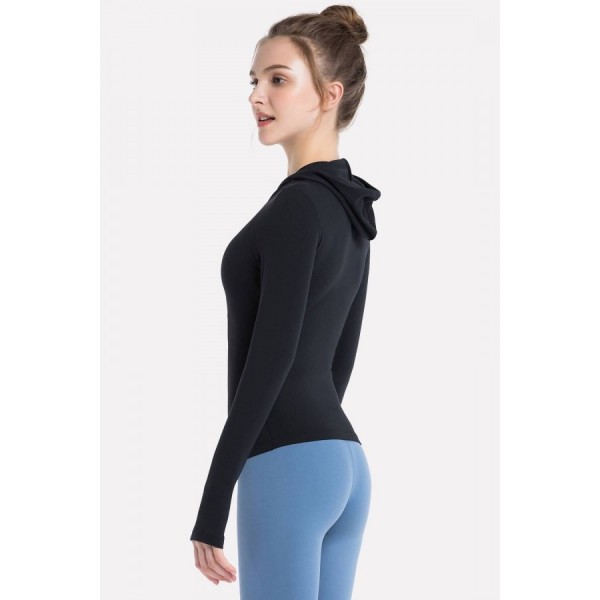 Black Hooded Long Sleeve Yoga Sports T Shirt 