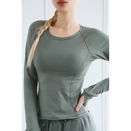Green Round Neck Long Sleeve Yoga Sports T Shirt