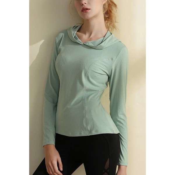 Green Hooded Long Sleeve Workout Sports Tee 