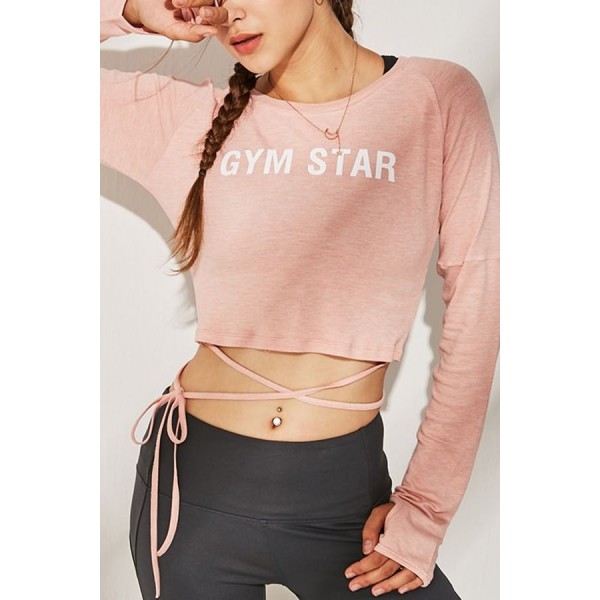 Pink Slogan Tied Thumb Hole Long Sleeve Workout Sports Crop Top 