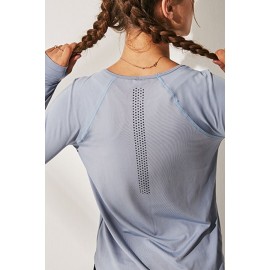 Light-blue Thumb Hole Long Sleeve Hollow Out Back Workout Sports Tee