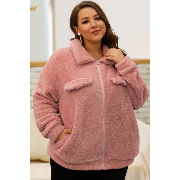 Pink Faux Fur Zipper Up Pocket Casual Plus Size Coat