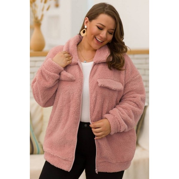 Pink Faux Fur Zipper Up Pocket Casual Plus Size Coat 