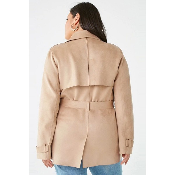Khaki Suede Tied Double Breasted Long Sleeve Casual Plus Size Trench Coat 