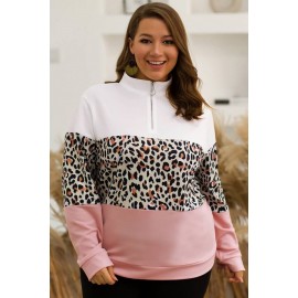 Pink Leopard Splicing Zipper Up Casual Plus Size Sweatshirt
