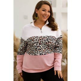 Pink Leopard Splicing Zipper Up Casual Plus Size Sweatshirt