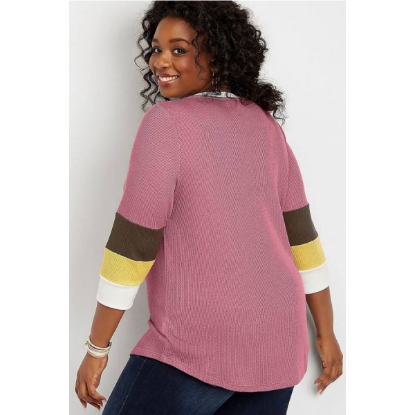 Pink Color Block V Neck Casual Plus Size Sweater 