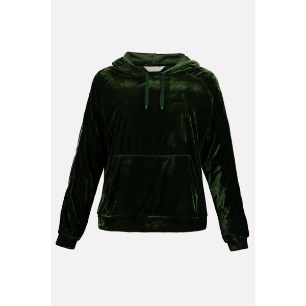 Army-green Drawstring Pocket Front Long Sleeve Velvet Casual Plus Size Hoodie 