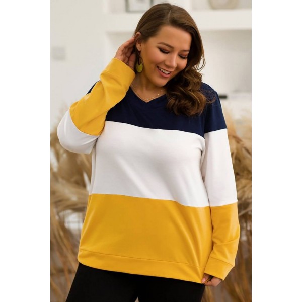 Yellow Color Block Long Sleeve Casual Plus Size Sweatshirt 
