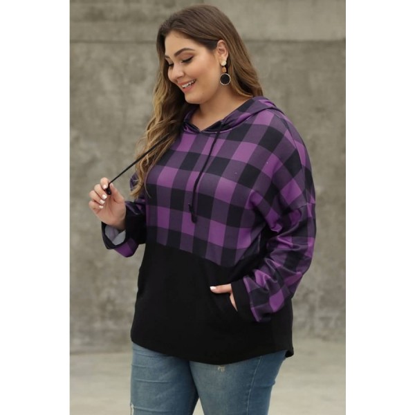 Purple Plaid Pocket Long Sleeve Casual Plus Size Hoodie 