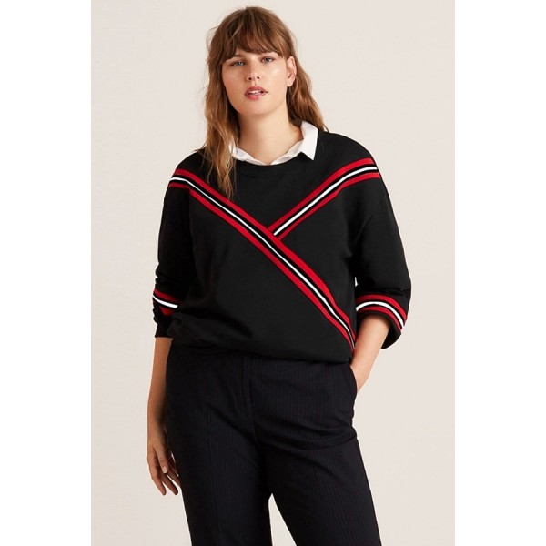 Black Stripe Contrast Round Neck Long Sleeve Casual Plus Size Sweatshirt