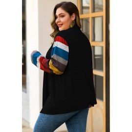 Black Stripe Long Sleeve Casual Plus Size Cardigan Coat
