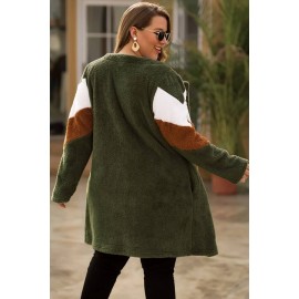 Army-green Faux Fur Color Block Casual Plus Size Cardigan Coat