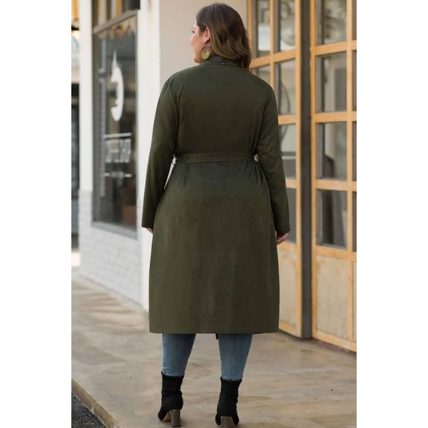 Army-green Tied Long Sleeve Casual Plus Size Trench Coat 