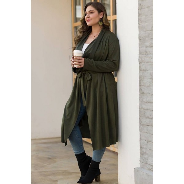 Army-green Tied Long Sleeve Casual Plus Size Trench Coat 