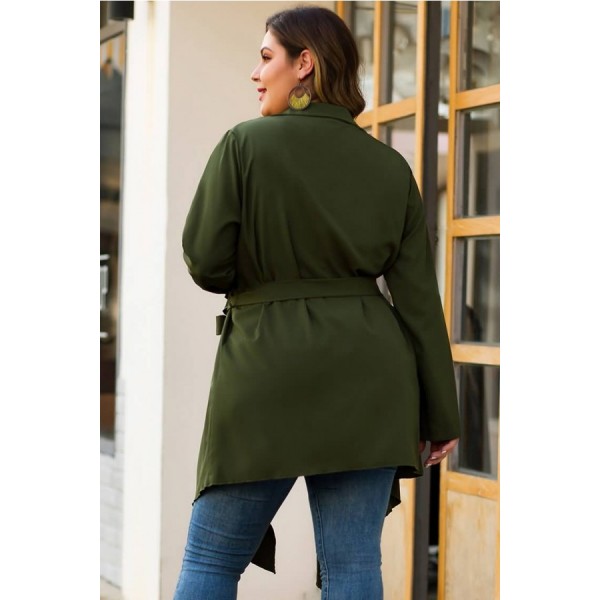 Army-green Tied Long Sleeve Casual Plus Size Cardigan Coat 