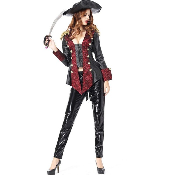 Black Red Faux Leather Pirate Captain Costume 
