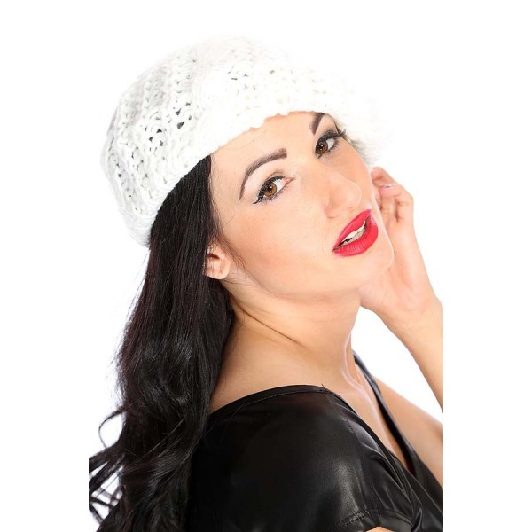 White Thick Knit Beret Beanie Hat 