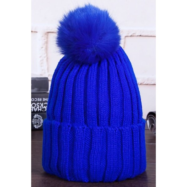 Faux Fur Pom Pom Fold Over Cable Knit Beanie Hat 