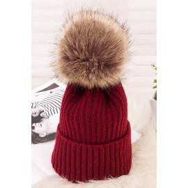Pom Pom Knitted Fold Over Faux Fur Beanie Hat