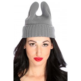 Gray Top Ear Fold Over Knitted Beanie Hat