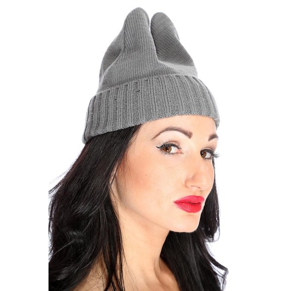 Gray Top Ear Fold Over Knitted Beanie Hat 