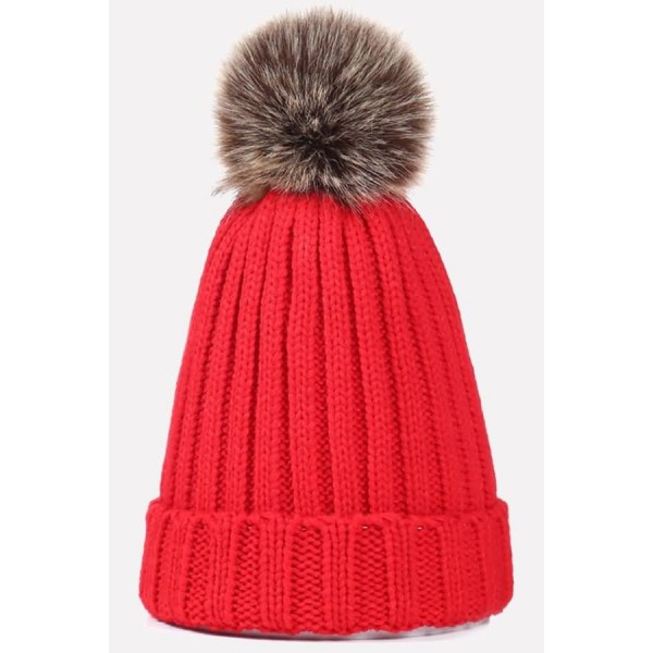 Faux Fur Cable Knit Fold Over Pom Pom Beanie Hat 