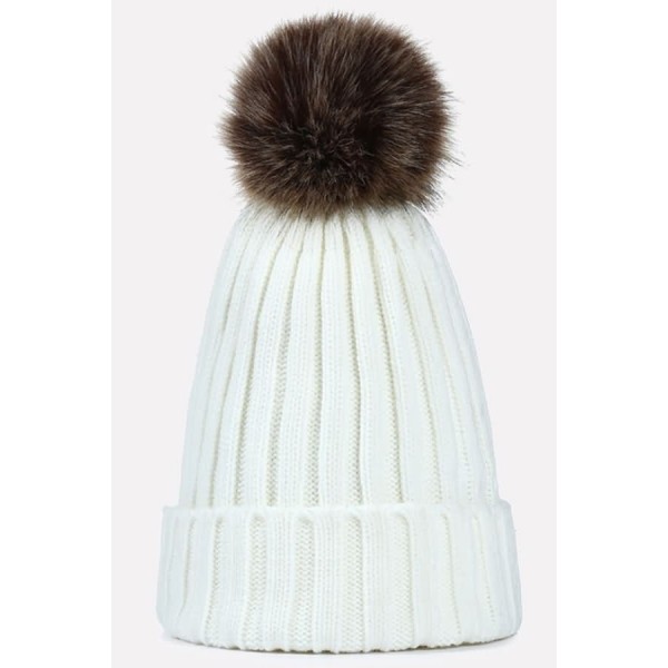 Faux Fur Cable Knit Fold Over Pom Pom Beanie Hat 
