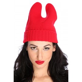 Red Top Ear Fold Over Knitted Beanie Hat