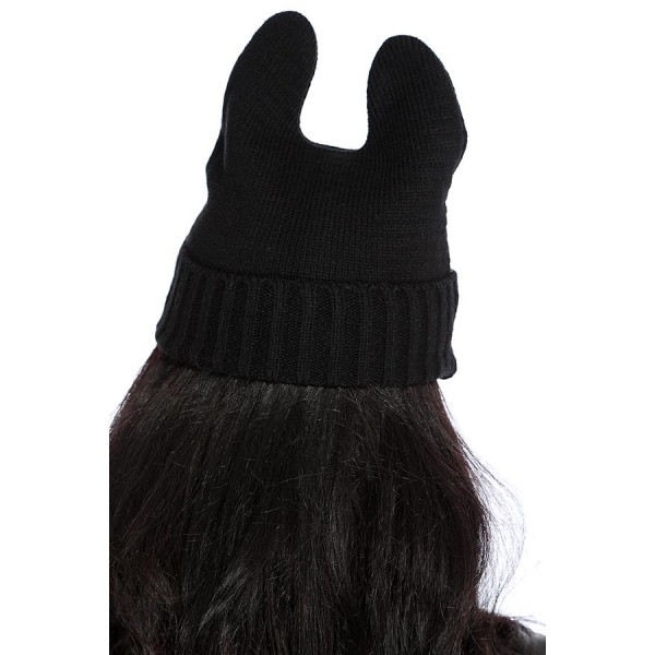 Black Top Ear Fold Over Knitted Beanie Hat 