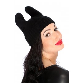 Black Top Ear Fold Over Knitted Beanie Hat