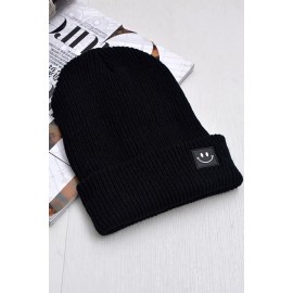 Applique Smile Cable Knit Fold Over Beanie Hat