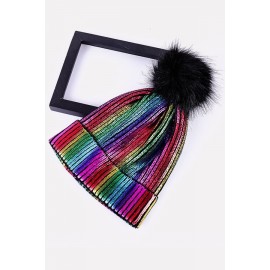 Pom Pom Knitted Metallic Fold Over Faxu Fur Beanie Hat