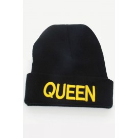 Letter Embroidered Knit Fold Over Beanie Hat