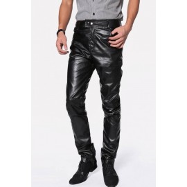 Men Black Faux Leather Pocket Casual Pants