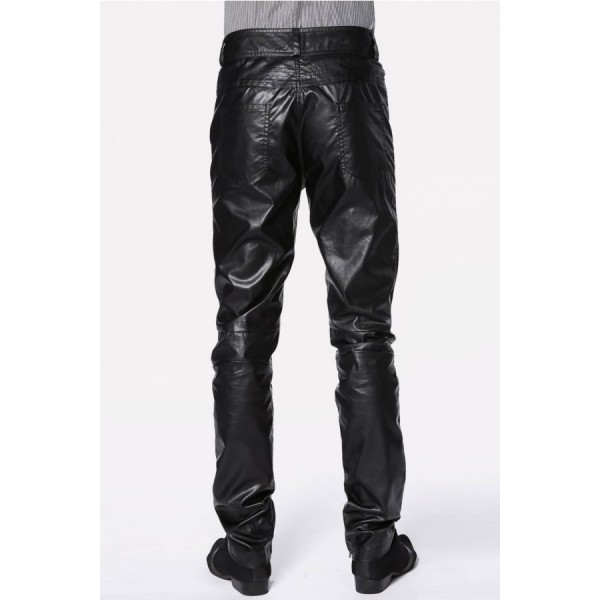 Men Black Faux Leather Pocket Casual Pants 
