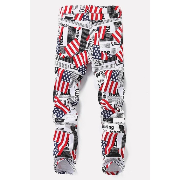 Men Red-white American Flag Print Pocket Casual Pants 