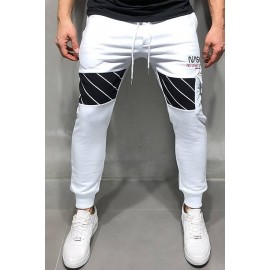 Men Embroidery Letters Contrast Drawstring Waist Casual Sweat Pants