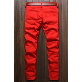 Men Red Zipper Decor Ruched Casual Slim Jeans