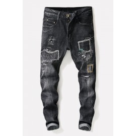 Men Black Ripped Patched Casual Jeans