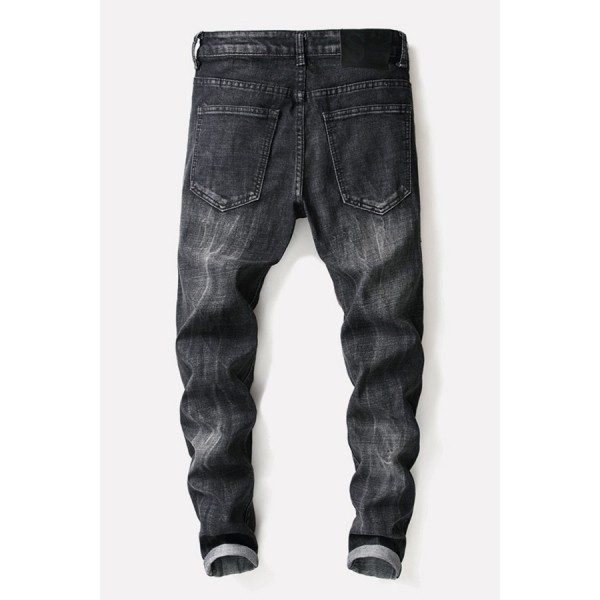 Men Black Ripped Patched Casual Jeans 