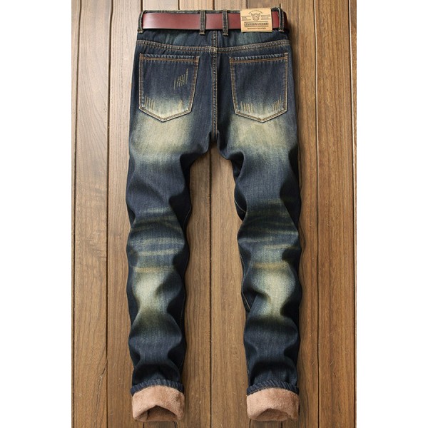 Men Blue Embroidery Letters Ripped Casual Thicken Jeans 