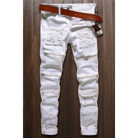 Men White Zipper Decor Ruched Casual Slim Jeans