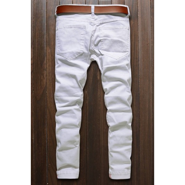 Men White Zipper Decor Ruched Casual Slim Jeans 