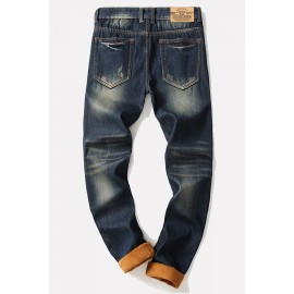 Men Blue Ripped Patched Casual Thick Jeans
