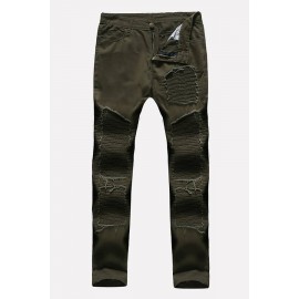 Men Army-green Ripped Ruched Casual Jeans