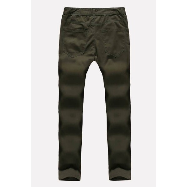 Men Army-green Ripped Ruched Casual Jeans 