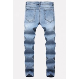 Men Light-blue Ripped Zipper Side Casual Slim Jeans